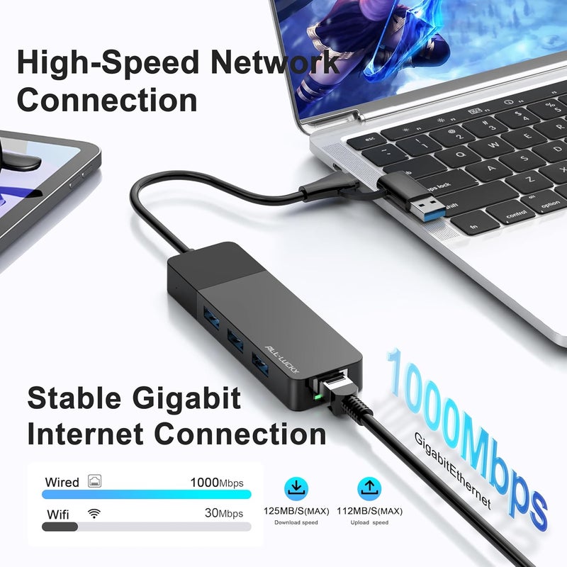 Allucky ALL-LUCKY USB to Ethernet Adapter, 4 in 1 USB C to Ethernet Adapter Hub with 3 x USB 3.0 Port/Gigabit Internet Port, High-Speed Network Hub Compatible for iMac,MacBook Pro，iPad Pro，XPS - Image 5
